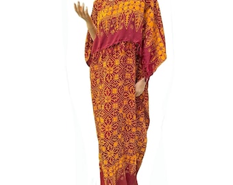 Plus Size Batik Rayon Kaftan – Full Length Floral Tassel Dress