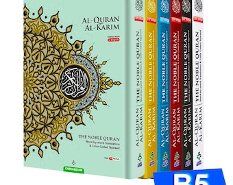 May include: A set of six hardback books with the title "The Noble Quran" and "Al-Quran Al-Karim" in English and Arabic. The books are colour-coded with blue, red, yellow, black, and white covers. The front cover features a decorative design with gold and black accents.