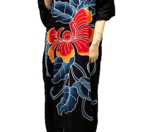 Hand-Painted Orchid Kaftan Dress – Black Floral Rayon Loungewear