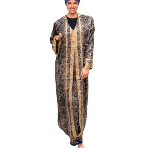 Premium 2 layer hooded BLACK or Blue with gold LADIES MOROCCAN Dubai Abaya Kaftan Farasha Maxi Jilbab Jalabiya Burkha hand made cool kaftan