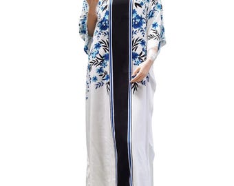 Floral Kaftan Dress: White, Blue & Black Rayon, Plus Size Cover-Up