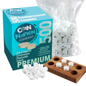 Caja de 500 toallas de papel comprimidas de Coin Napkin Company, tabletas para acampar hechas a mano, agrega agua, higiene, nuevas, compactas, para viajes, restaurantes, hoteles, ecológicas