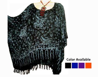 Rainforest Print Rayon Kaftan Top, Plus Size Poncho, Handmade Batik