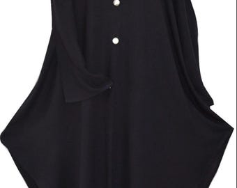 Black Rayon Asymmetrical Blouse - Handmade Button Front Kaftan, Plus Size