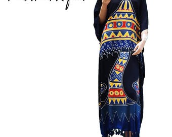 Mushroom Kaftan Dress - Hand-Drawn Batik Rayon, Plus Size