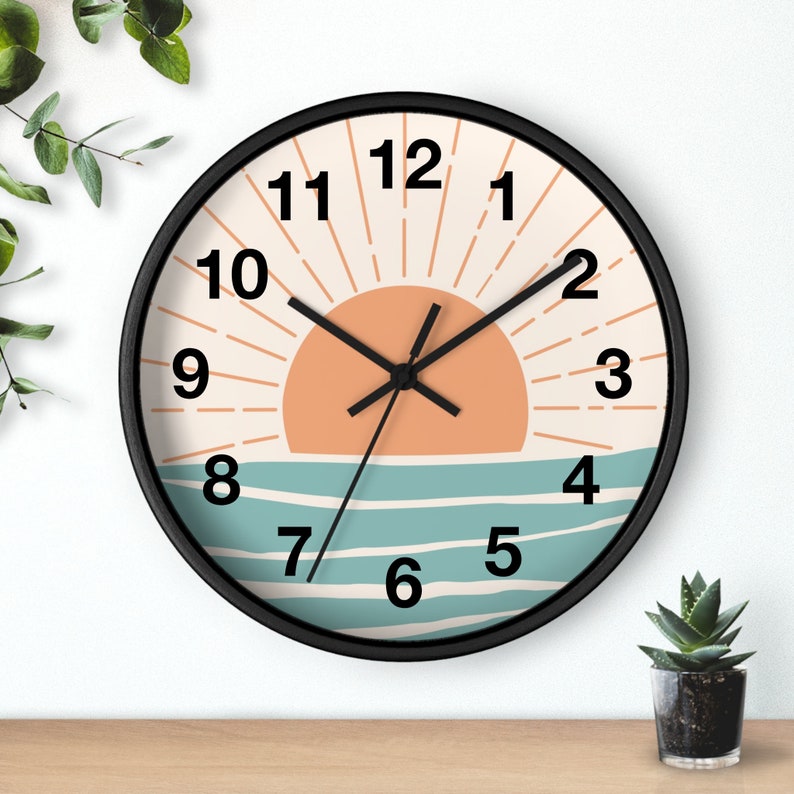Retro Boho Clock Bohemian Sunset Wall Clock Retro Sunset Summer Vibes Hippie Decor Vintage Kitchen Summer Wall Art Vintage Vibe Retro Decor image 2