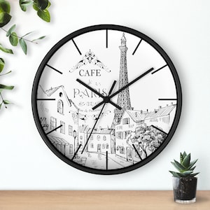 Cafe de Paris Wall Clock Paris Lover Gift for Her Wall Art Home Decor Trendy Paris Chic Illustration Silent Round Circular 10" Wall Clock