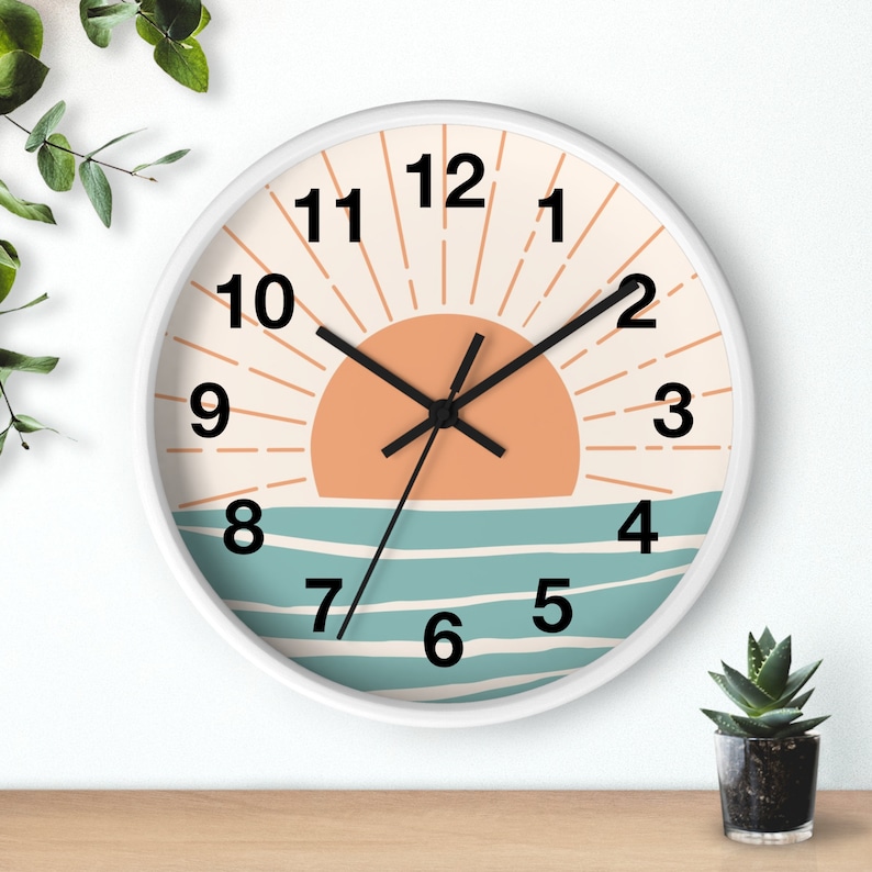 Retro Boho Clock Bohemian Sunset Wall Clock Retro Sunset Summer Vibes Hippie Decor Vintage Kitchen Summer Wall Art Vintage Vibe Retro Decor image 4