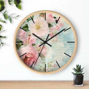 Reloj de pared Shabby Chic francés moderno vintage rosa estilo rústico francés rosa azul floral Cottagecore cocina decoración del hogar 10" redondo