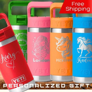 May include: A collection of colorful YETI water bottles with various designs and names. The bottles are red, green, pink, orange, and blue. The bottles have a handle and a silver base. The text "Avery", "London", "McKenna", and "Shadow" are visible.