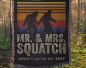 Mr and Mrs Squatch Couples Blanket Newly Wed Custom Woven Sasquatch Wedding Anniversary Gift Newly Married Engagement Blanket for Cryptid