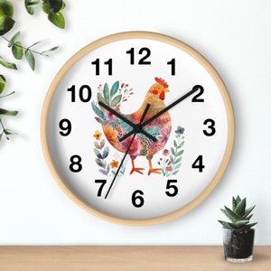Chicken Wall Clock, Chicken Folk Art, Circular Clock, Numbered Clock, Kitchen Wall Clock, Home Decor, Cottage Core Clock, Cottagecore Art
