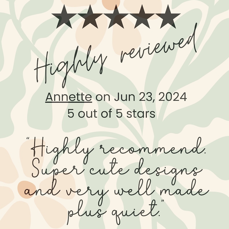 May include: A graphic with a light green and beige background, featuring the text "Highly reviewed" and a customer review. The review is from Annette, dated June 23, 2024, with a 5-star rating.
