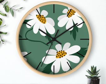 Green Daisy Wood Wall Clock: Abstract Floral Decor (10" x 10")