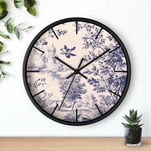 French Toile Wall Clock Parisian Antique Inspired Nostalgic Kitchen Clock Nature Office Decor Whimsical Wall Art Blue Rustic Round Silent