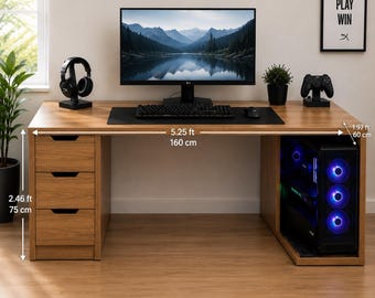 Large Wood Computer Desk | Office Workstation with Built-in PC Bay