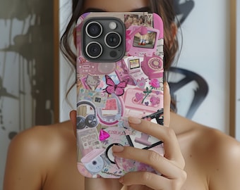 Retro Phone Case Cute Kitty Pink, Collage Phone Case, Y2K Coquette Aesthetic Trendy, Gift for Women Compatible iPhone 15 14 13 12 11 Pro Max