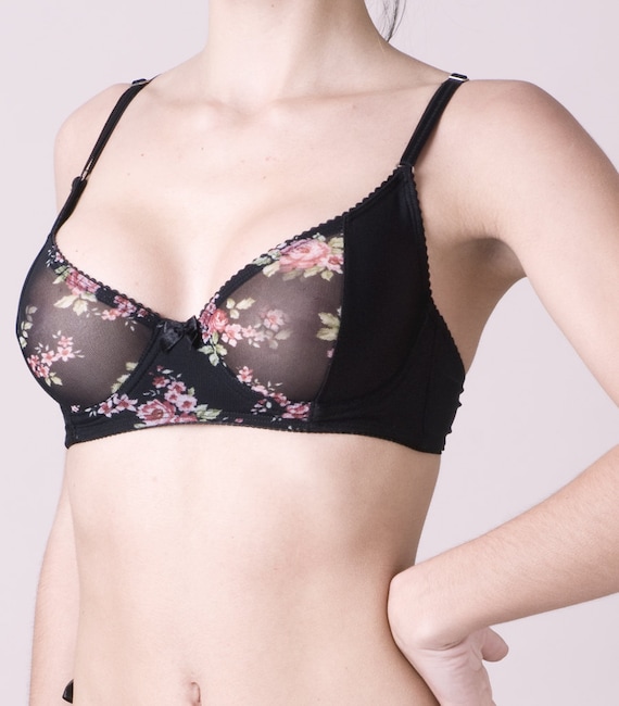 Lingerie Bra Black Flowered Tulle and Lycra 