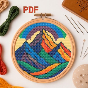Rainbow Mountains Cross Stitch Pattern: Colorful Landscape Embroidery (PDF Download