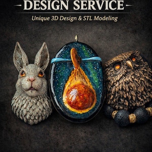 Può includere: Immagine con design di gioielli personalizzati. Sono esposte una scultura di coniglio grigio, un ciondolo con un design celeste e una scultura di gufo marrone. Il testo recita "CUSTOM JEWELRY DESIGN SERVICE" e "Contattaci per discutere la tua idea di gioielleria personalizzata."