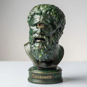 May include: A bronze-colored bust of Polyphemus, the one-eyed cyclops from Greek mythology. The sculpture features a detailed beard, curly hair, and a single eye. The base of the bust has the Greek name "Πολύφημος" in gold lettering.