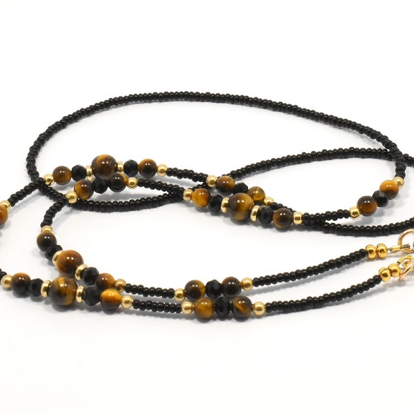 beaded lanyard | tiger eye & glass mask or eyeglasses chain | handmade earbuds necklace