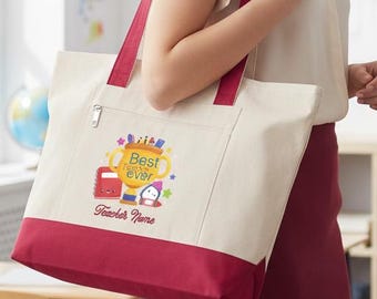 Custom Teacher Canvas Tote with Zipper – Practical School Bag Gift for Her, Back to School or Graduation | Best Teacher|Teacher Appreciation
