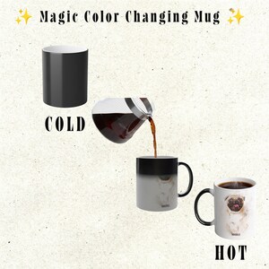 May include: A colour-changing mug that turns from black to reveal a pug image when hot liquid is poured in. The mug has a black handle. The text "Magic Colour Changing Mug" is at the top of the image.