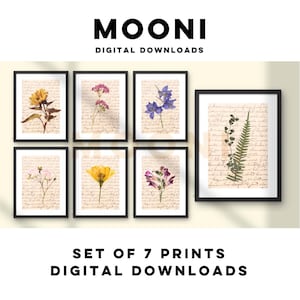 Colección de 7 impresiones artísticas de pared con flores prensadas vintage, descarga digital, carta manuscrita floral antigua, estilo rústico reciclado, flora y fauna.