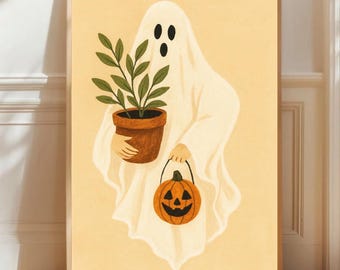Botanische Ghost Art Print, spookschilderij, spookmuurkunst, spookkunstdruk, Halloween-spookwanddecor, schattig spook, enge spookkunstmuur