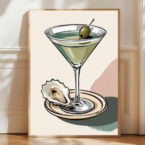 Martini Oysterglas Print Strepen Keuken Wall Art Retro Cocktail Poster Esthetische Moderne Keuken Bar Kar Speelkaart Happy Hour