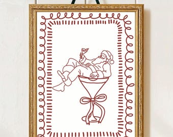 Zabawna ściana z grafiką Świętego Mikołaja, plakat z napisem „Witajcie, Święty Mikołaju”, zabawna sztuka ścienna w stylu retro z motywem Bożego Narodzenia, wydruk z okazji koktajli w stylu vintage, barek z martini Świętego Mikołaja