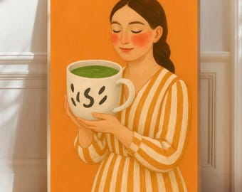 Matcha Wall Art Print, Trendy Kitchen Poster, Japanese Green Tea Decor, Cozy Cafe Illustration, Modern Food Digital Download