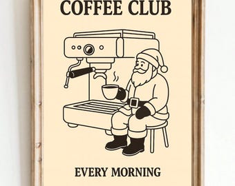 Kerstman met koffiepauze, print koffieclub, minimalistische koffiemuurkunst, leuke retro caféposter voor keuken, eetkamerinrichting, koffieverslaafde
