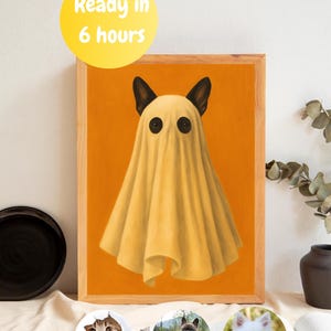 Aangepast portret spookhuisdier, Halloween-huisdierprint, kunstwerk hond of kat kostuum, grappige spookachtige kunst aan de muur, gepersonaliseerd herfstcadeau