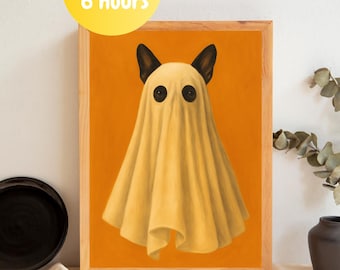 Op de afbeelding: Een ingelijst kunstwerk toont een hond verkleed als spook tegen een oranje achtergrond. De oren van de hond steken uit het spookkostuum. Het kunstwerk zit in een houten lijst. De tekst op de afbeelding luidt "Ready in 6 hours".