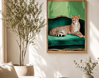 Cheetah wall art, sleepy leopard poster, contemporary luxury print, emerald green jungle living room, Elegant maximalist modern art.