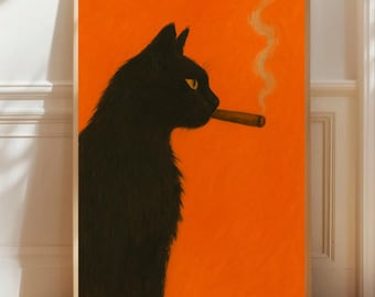 Black cat smokes a cigar vintage poster, art retro whimsical print, funny animal wall decor poster for bar cart quirky kitchen wall art