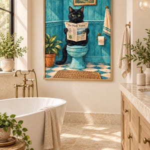 Funny Black Cat Bathroom Poster: Retro Toilet Reading Print