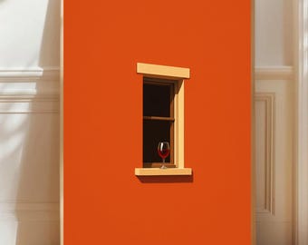 May include: A framed art print featuring a vibrant orange wall with a small window. A glass of red wine sits on the windowsill. The artwork is set against a light-colored wall and wooden floor, creating a warm, inviting scene.