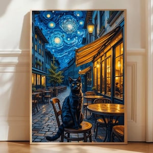 Starry Night Cat Art Print: Vintage Van Gogh Style
