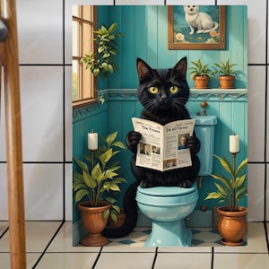 Journal de lecture chat noir dans la salle de bain, affiche pour toilettes, salle de bain, impression drôle de chat, affiche de chat drôle pour la salle de bain, chat rétro dans la baignoire