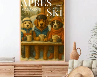 Retro Après Ski Wandkunst, Magazin Cover Retro Hunde Druck, Tree Dogs im Ski, Hunde, die Spaß beim Skifahren haben, digitaler Download Winter Ski Kunst Wand