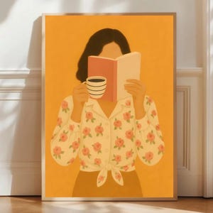 Apricot crush Woman reading book art, book and coffee terracotta illustration minimalist boho art wall, abstract woman portrait, trendy boho