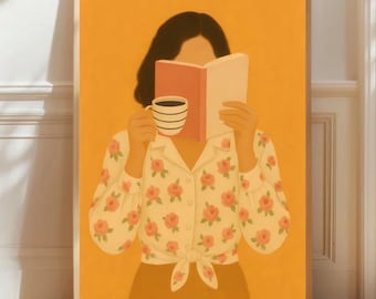 Woman Reading Book Art Print, Apricot Crush Boho Wall Art, Cozy Autumn Poster, Modern Feminine Illustration, Digital Download Print