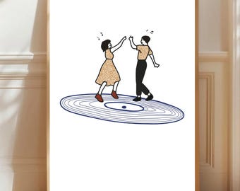 Plakat z tańczącą parą na ścianie, plakat z gramofonem w stylu retro, ilustracja inspirowana nowoczesną muzyką do domowego baru lub salonu