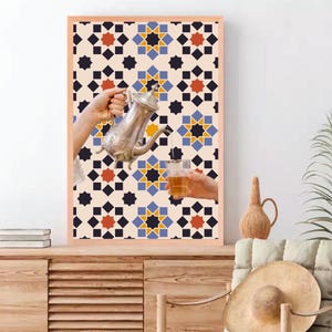 Bienvenue en arabe, affiche Marhaba, affiche marocaine de thé à la menthe, affiche de bienvenue, carreaux marocains et affiche de thé.
