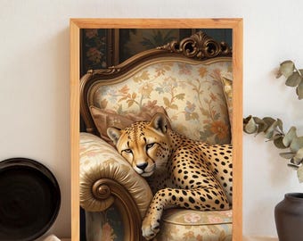 Vintage Cheetah Art Print: Retro Emerald Sofa, Funky Wall Decor