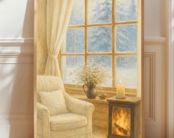 Puede incluir: Pintura enmarcada de una escena interior acogedora. Un sillón crema está cerca de una ventana con vista nevada. Una pequeña chimenea con una vela encendida y un jarrón de flores completan el ambiente cálido y acogedor.