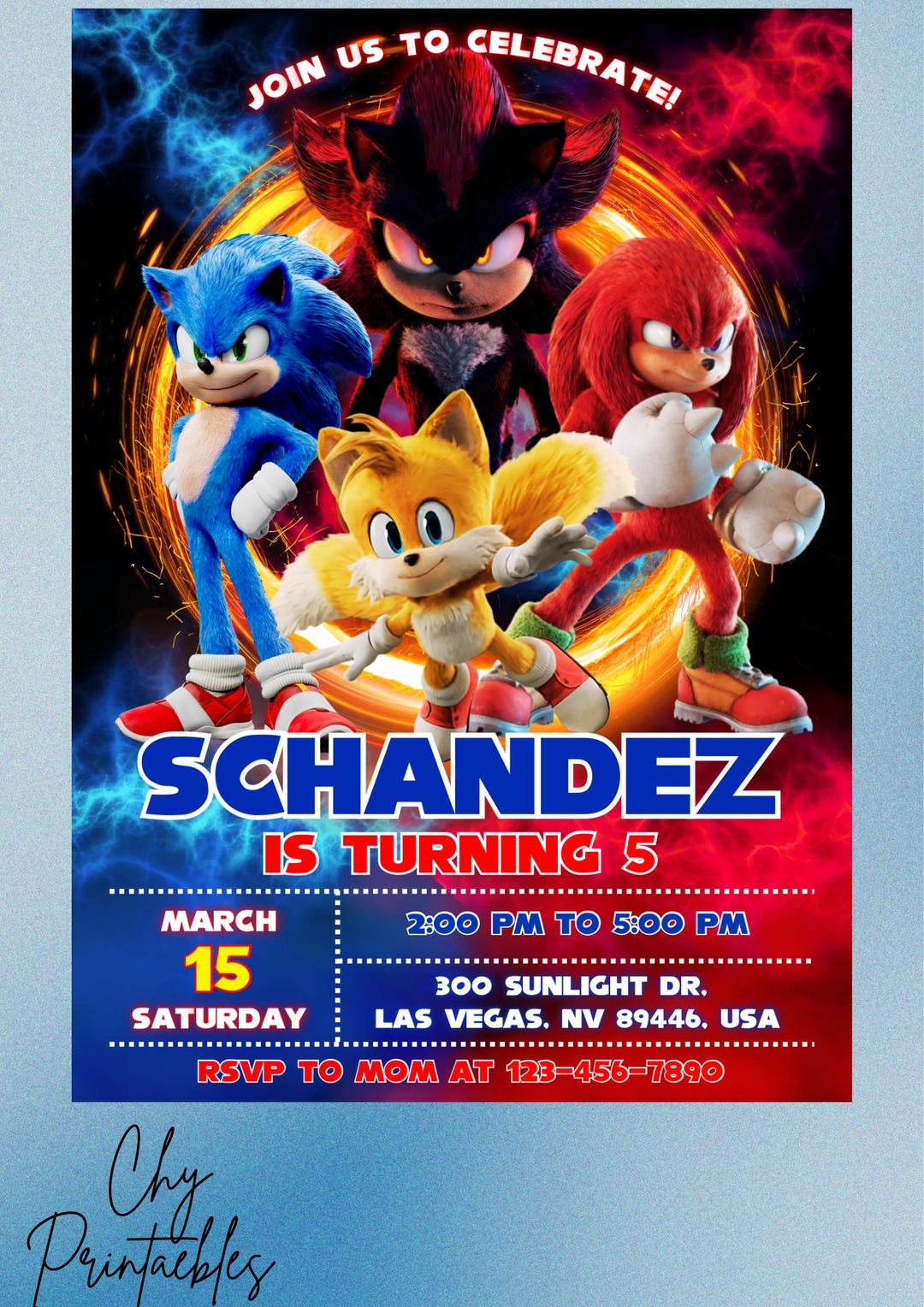 Editable Sonic Birthday Invitation: Kids Party, Invites 5x7